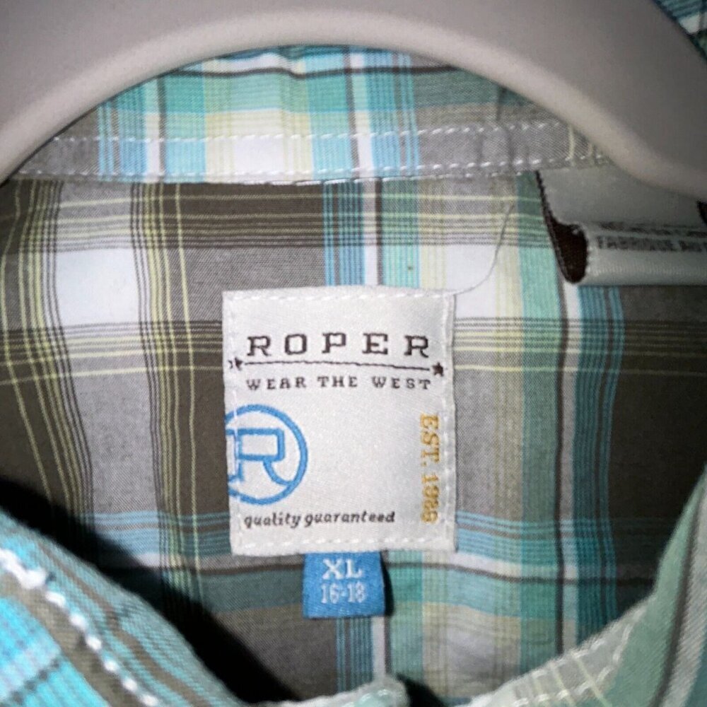 Roper Shirt Gray Teal Plaid Pearl Snap Long Sleeve Mens/Boys XL Chest 36" - Picture 6 of 9